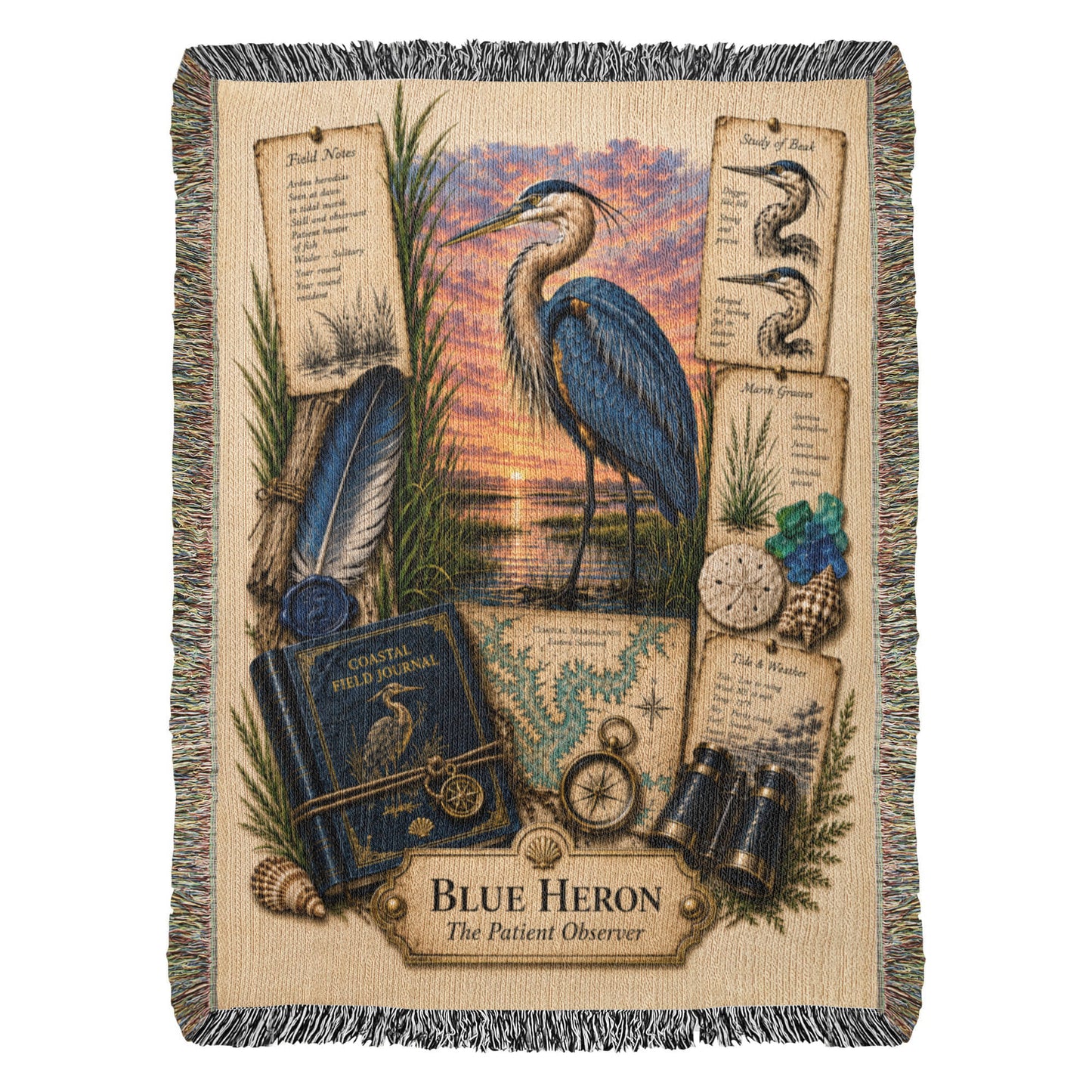 Blue Heron Woven Throw Blanket | Coastal Bird Decor | Cotton Tapestry Throw | Naturalist Journal Gift