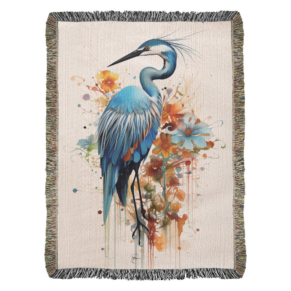 Blue Heron Woven Blanket – 100% Cotton Coastal Bird Throw | Elegant Watercolor Wildlife Tapestry | Soft & Cozy Nature-Inspired Home Décor