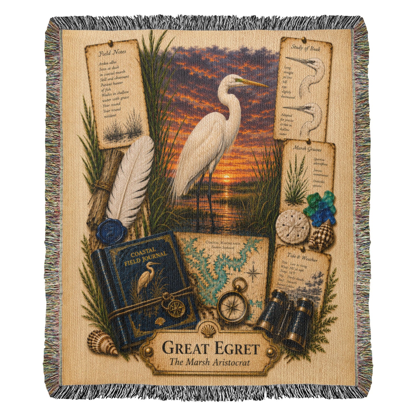 Great Egret Woven Throw Blanket | Coastal Bird Decor | Cotton Tapestry Throw | Naturalist Journal Gift