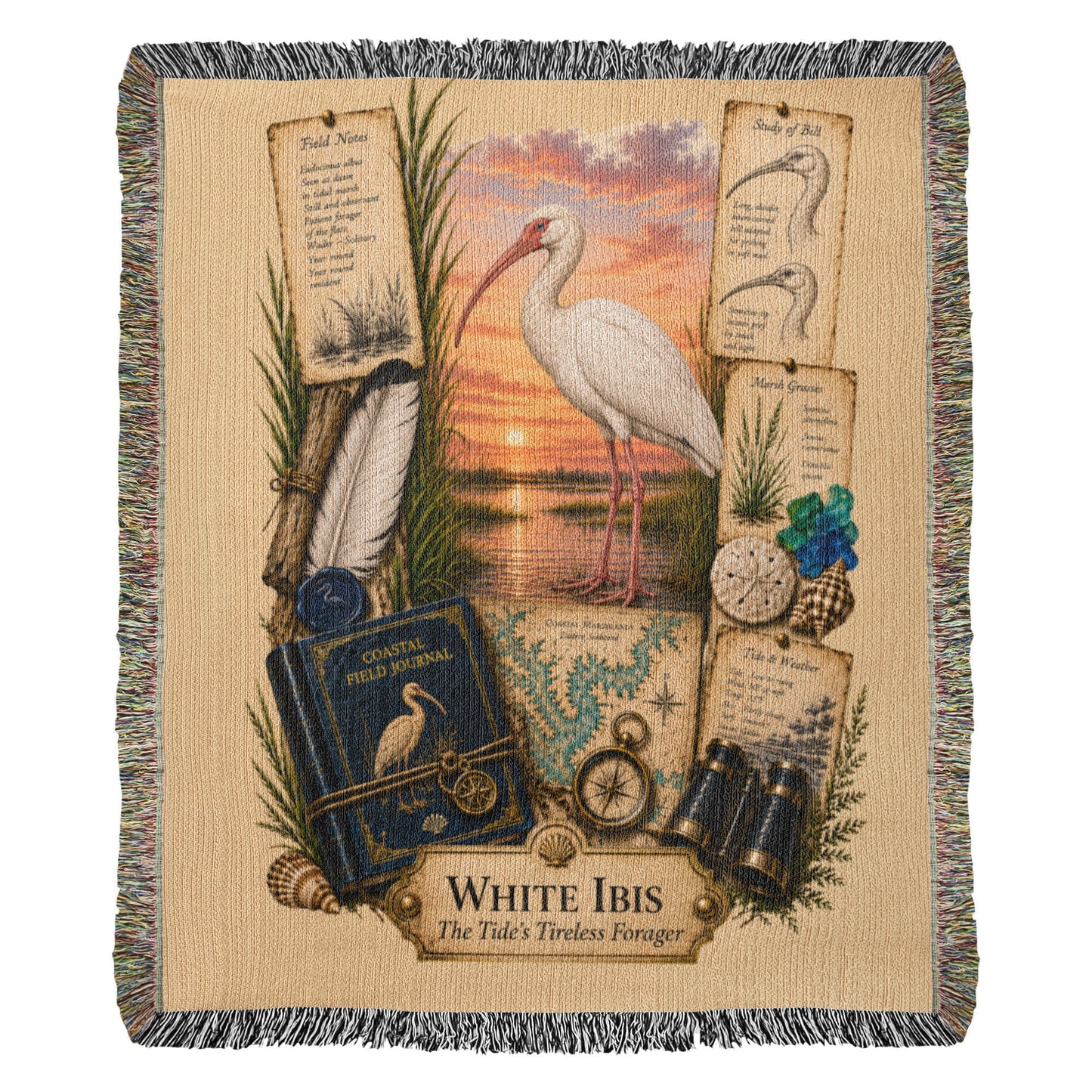 White Ibis Woven Throw Blanket | Coastal Bird Decor | Cotton Tapestry Throw | Naturalist Journal Gift
