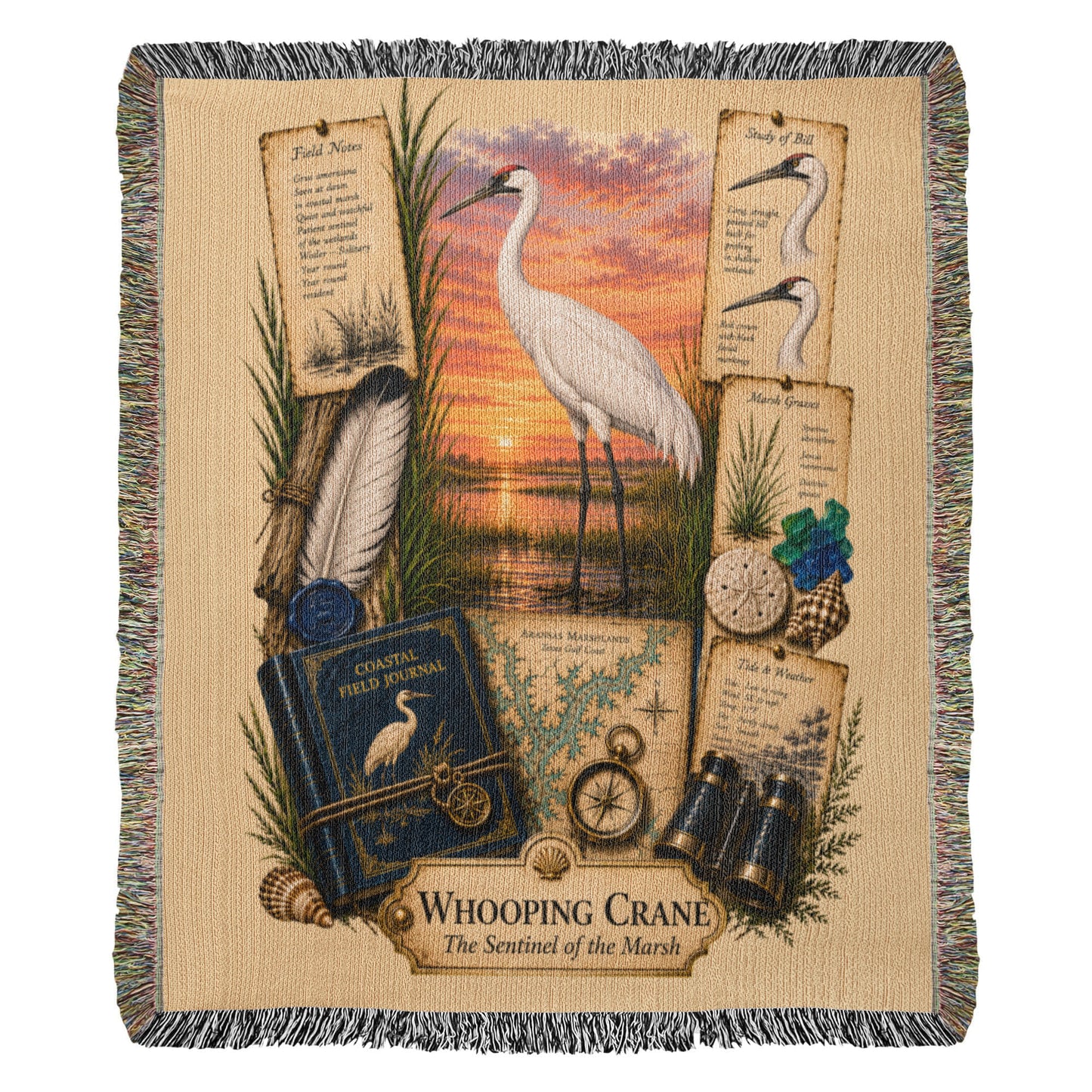 Whooping Crane Woven Throw Blanket | Coastal Bird Decor | Cotton Tapestry Throw | Naturalist Journal Gift