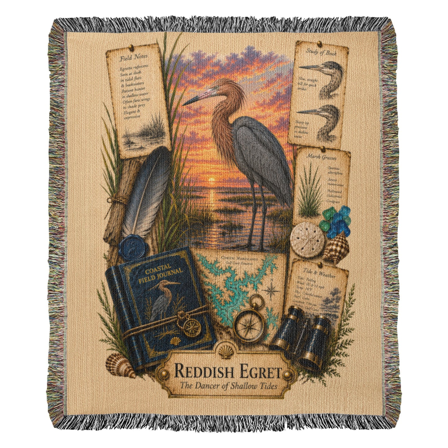 Reddish Egret Woven Throw Blanket | Coastal Bird Decor | Cotton Tapestry Throw | Naturalist Journal Gift