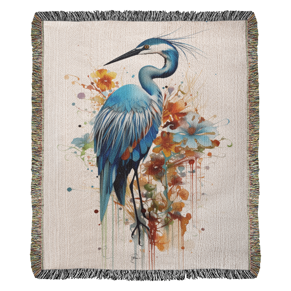 Blue Heron Woven Blanket – 100% Cotton Coastal Bird Throw | Elegant Watercolor Wildlife Tapestry | Soft & Cozy Nature-Inspired Home Décor