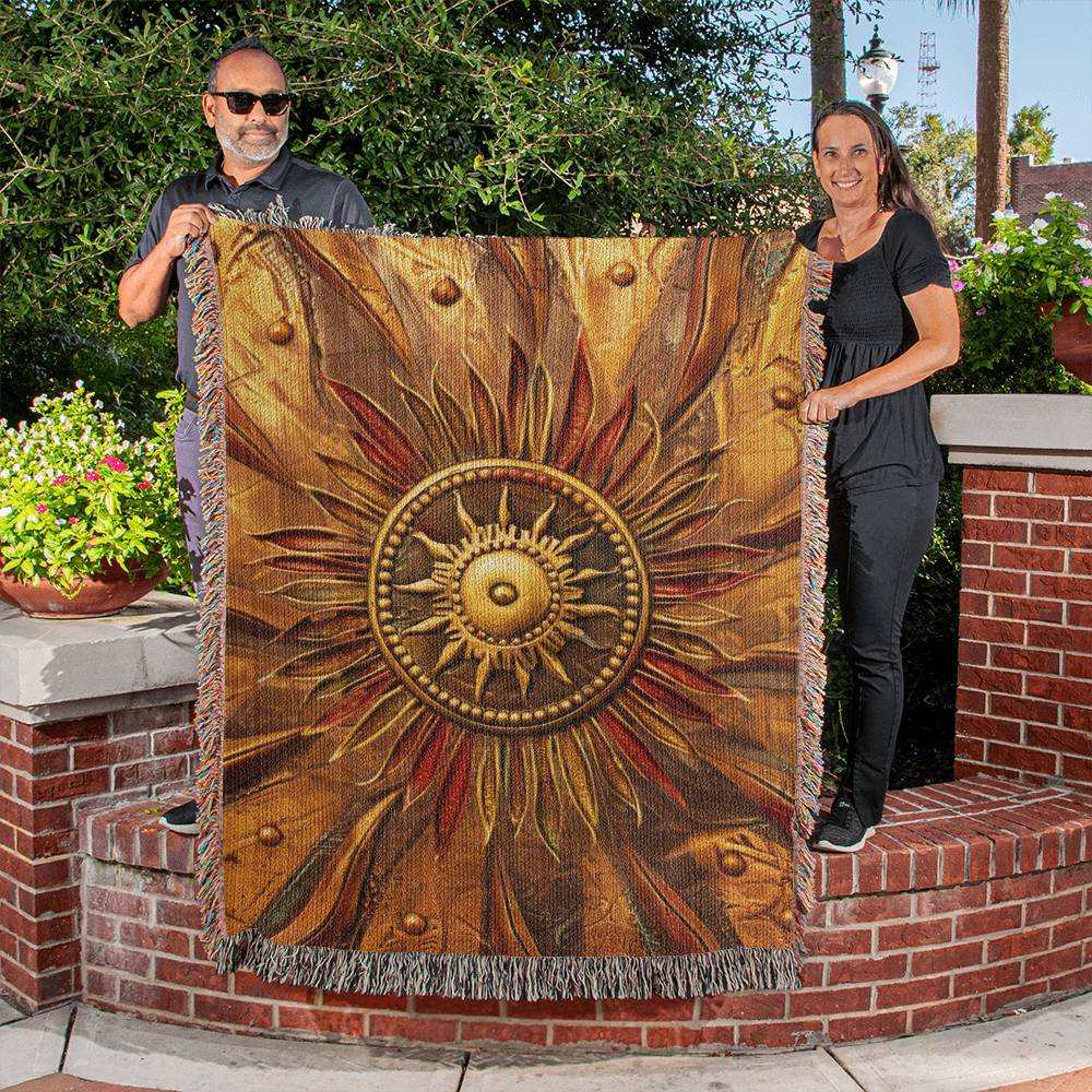 Embossed Sunburst Blanket – Golden Woven Throw | Radiant Boho Decor by Lace & Grit