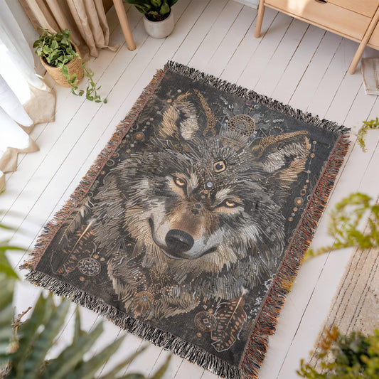 Boho Tribal Wolf Woven Blanket β Tribal Head Design in Earthy Tones | Mystical Boho Lodge Decor