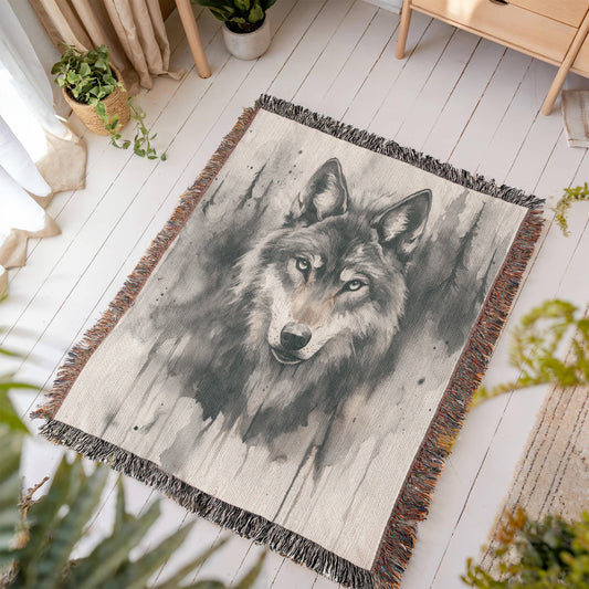 Lone Wolf Woven Blanket β Watercolor Wildlife Throw | Rustic Boho Cabin Decor