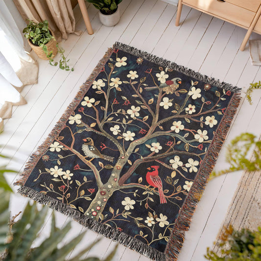 Blossom & Birds | Botanical Cardinal Woven Blanket for Cozy Boho Spaces