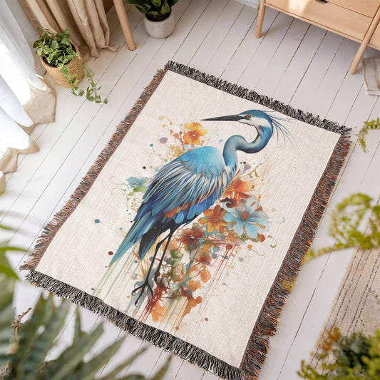 Stillrise Woven Blanket β Watercolor Blue Heron in Reflection