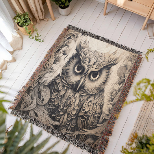 Mystical Owl Woven Blanket β Boho Wildlife Tapestry Throw | Intricate Nature-Inspired Decor