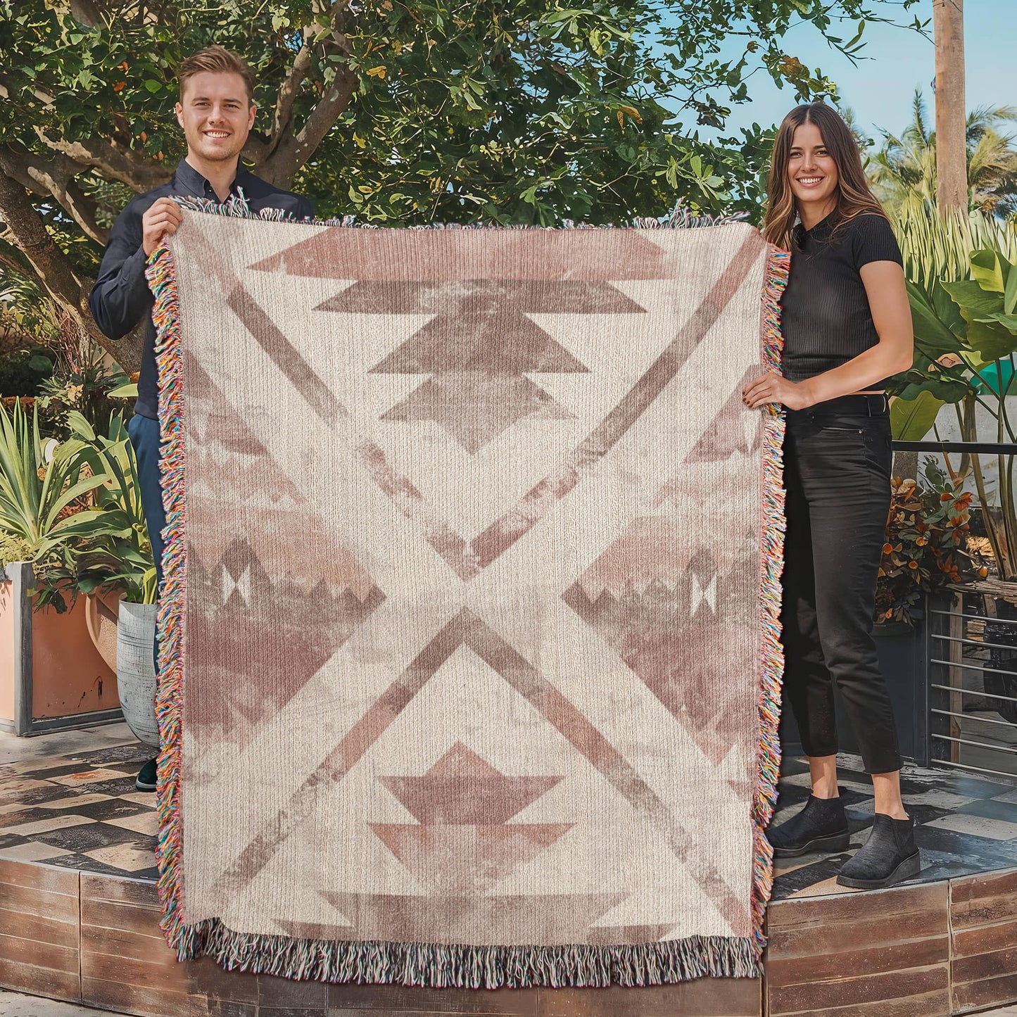 Desert Bloom Woven Blanket – Faded Blush Tribal Boho Throw
