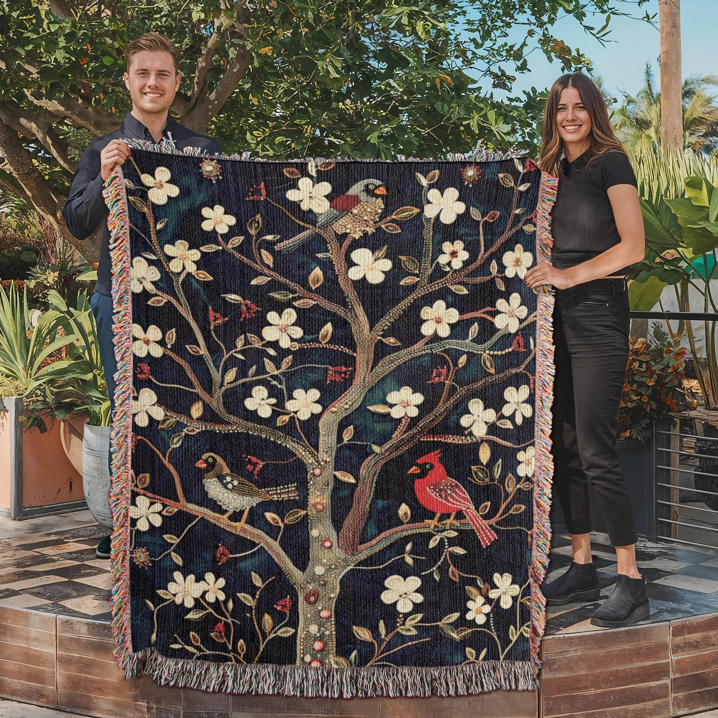 Blossom & Birds | Botanical Cardinal Woven Blanket for Cozy Boho Spaces