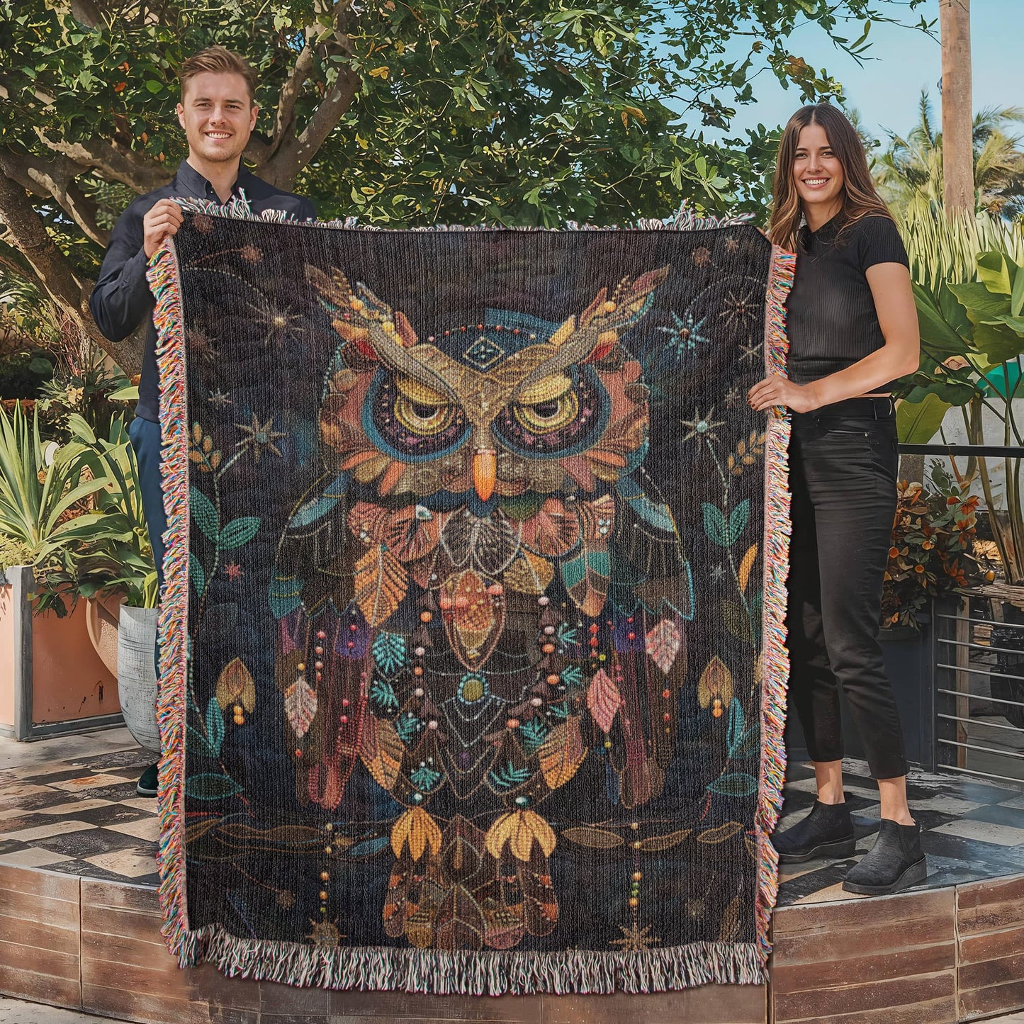 Boho Owl Woven Blanket – Beaded Look Design with Celestial Forest Accents