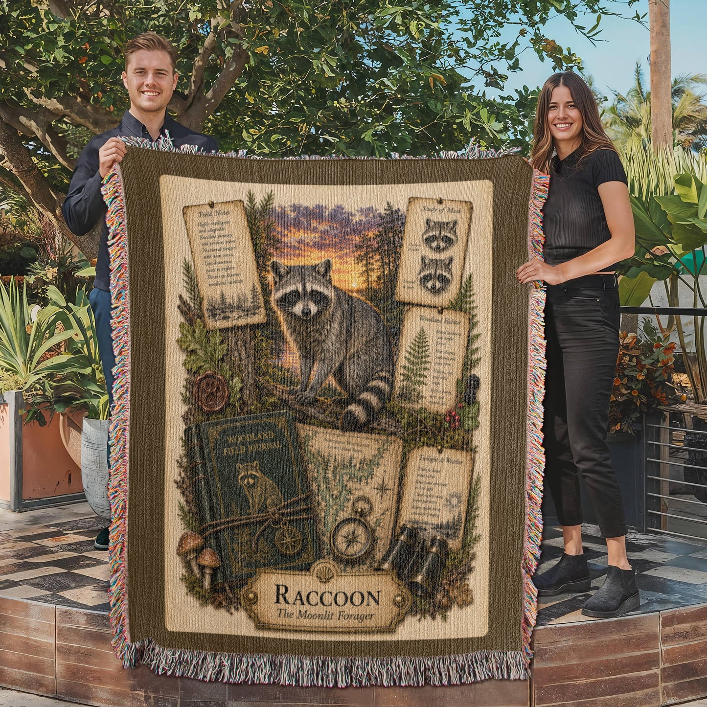 Raccoon Woven Throw Blanket | Woodland Animal Decor | Cotton Tapestry Throw | Naturalist Journal Gift