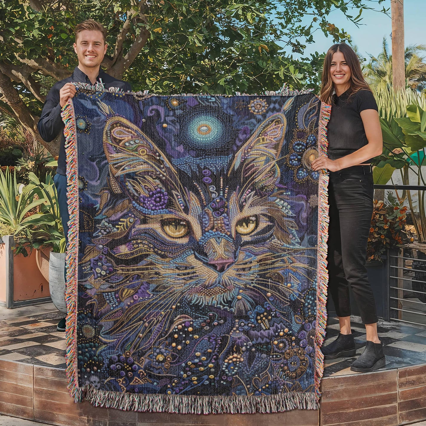 Celestial Cat Blanket β Mystical Beaded Design in Deep Indigo & Gold | Boho Spirit Animal Throw