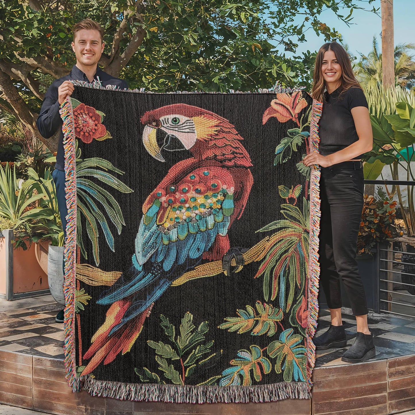 Tropical Parrot Heirloom Woven Blanket – Bold Boho Jungle Vibes