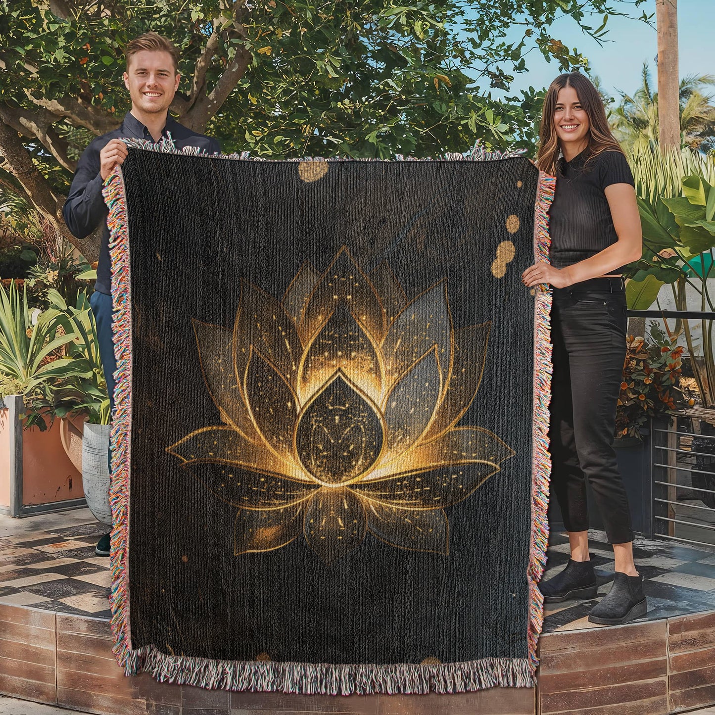 Embossed Lotus Blanket – Golden Woven Throw | Spiritual Boho Decor by Lace & Grit