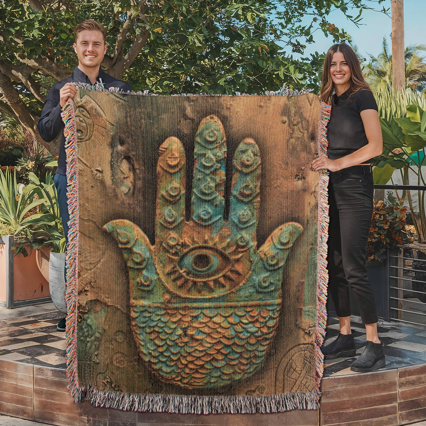Embossed Hamsa Blanket – Boho Spiritual Woven Throw | Protective Symbol Decor by Lace & Grit
