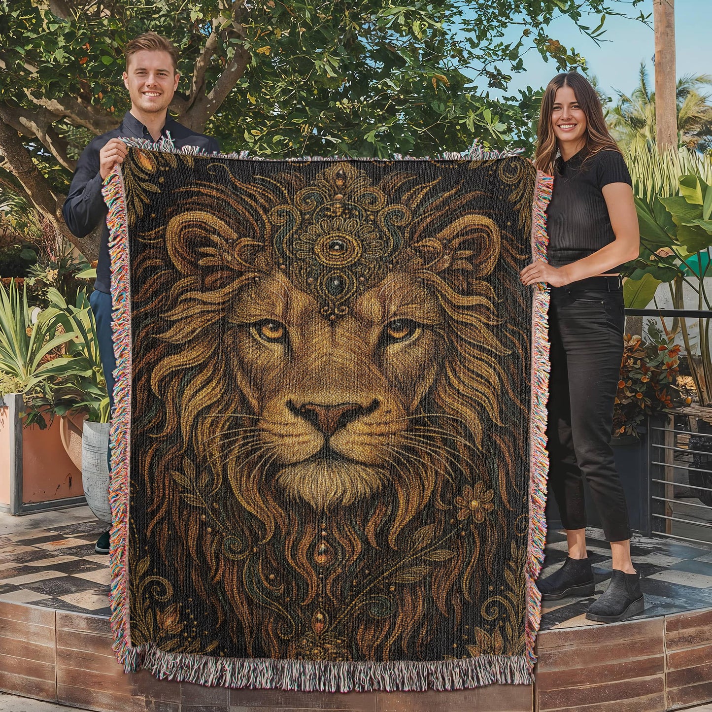 Beaded Lion Blanket – Spiritual Strength & Regal Bohemian Tapestry Throw