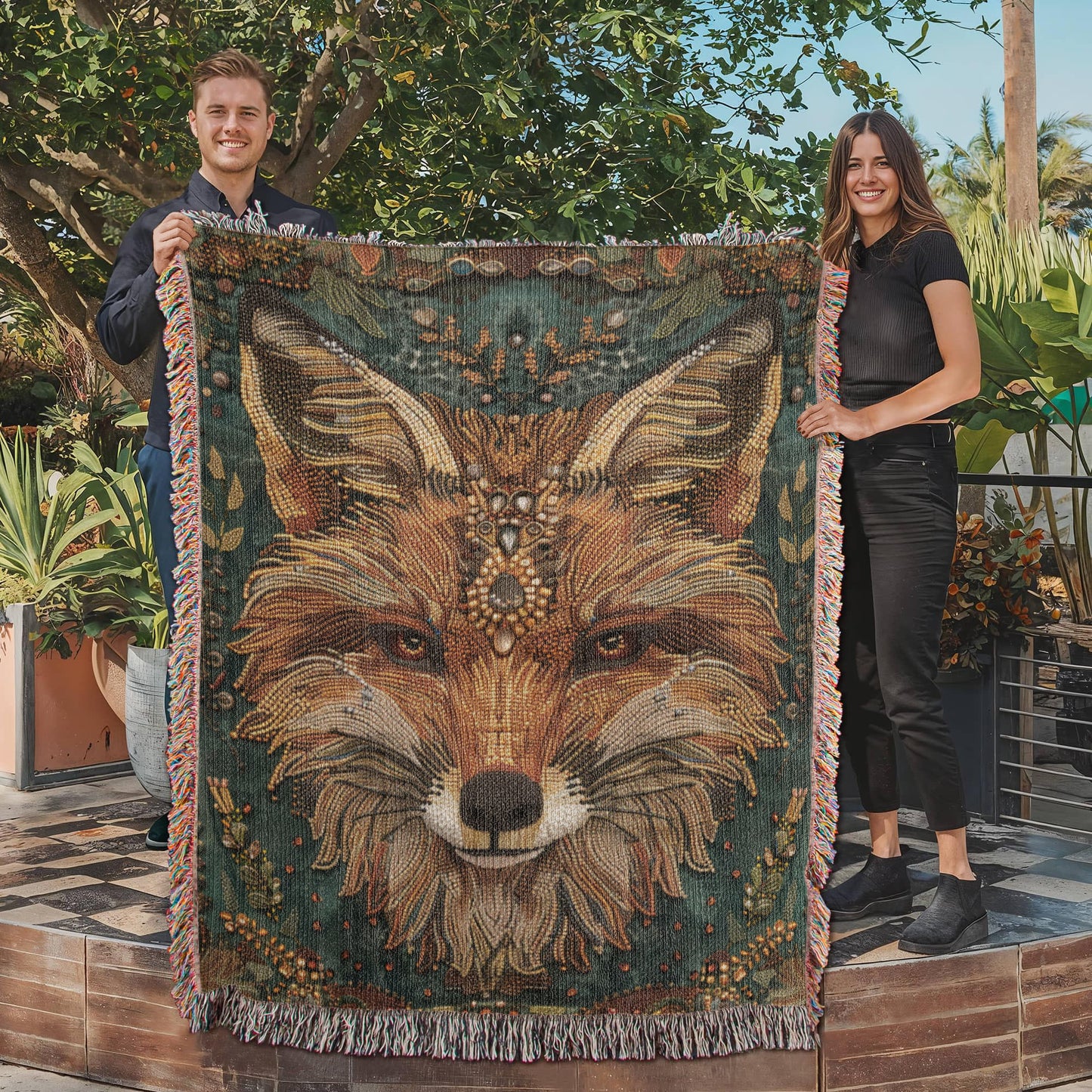 Boho Beaded Fox Blanket β Intricate Woven Art with Forest Green Background | Rustic Animal Decor Throw