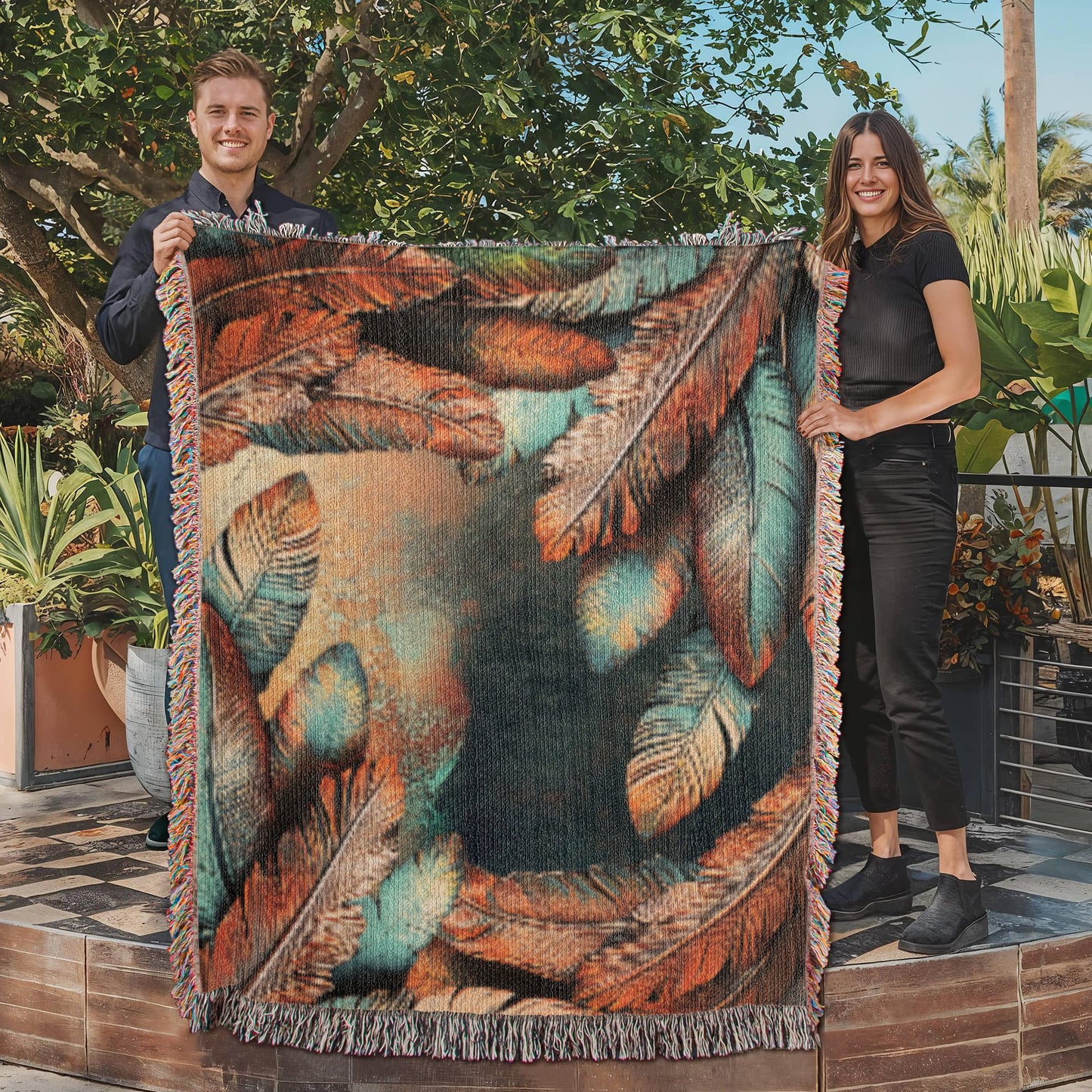 Embossed Feather Blanket – Boho-Inspired Woven Throw | Copper & Teal Artistic Decor by Lace & Grit