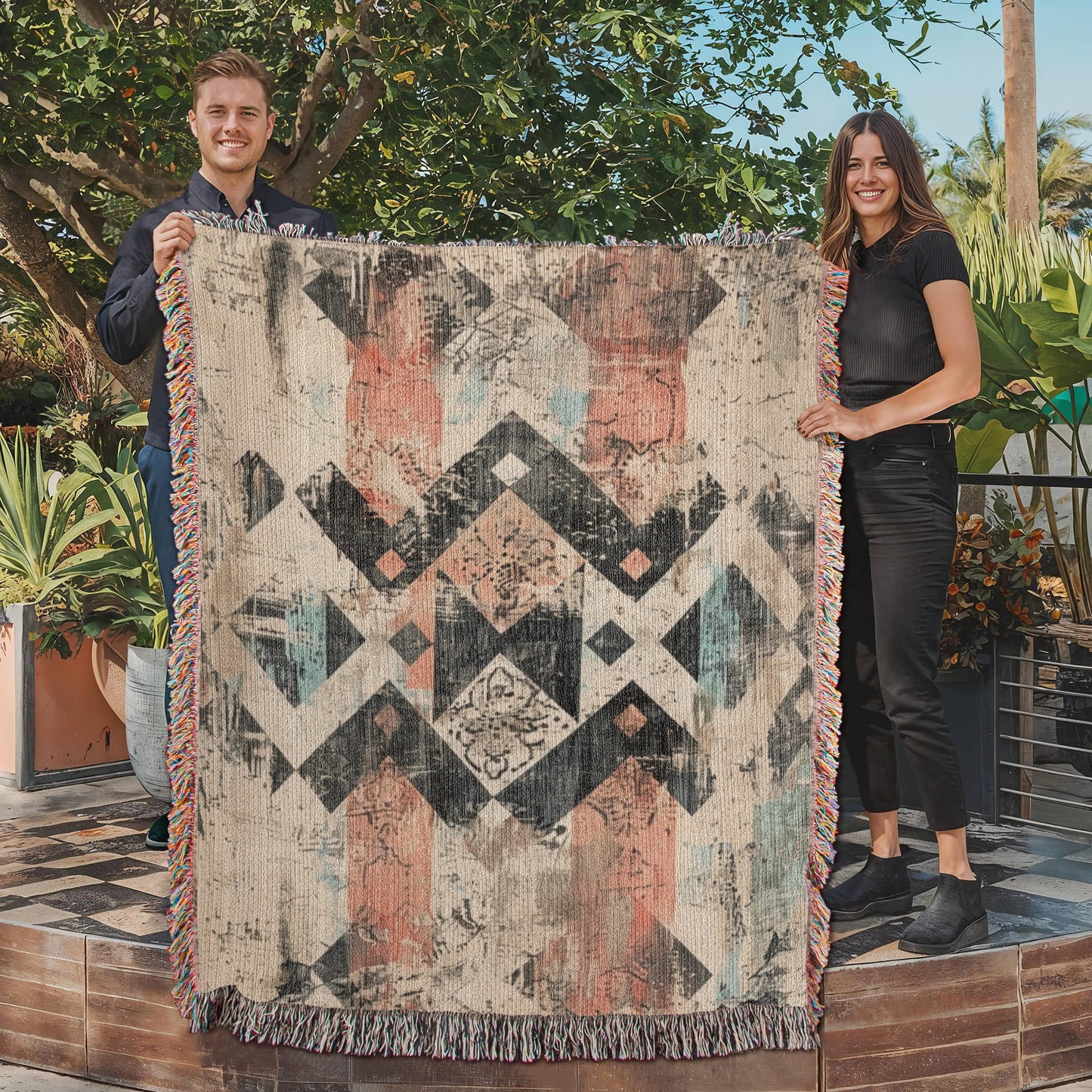 Faded Frontier Woven Blanket – Global Boho Abstract Throw