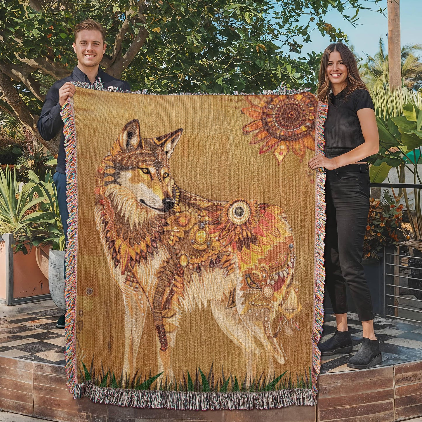 Beaded Look Spirit Wolf - Woven Throw Blanket