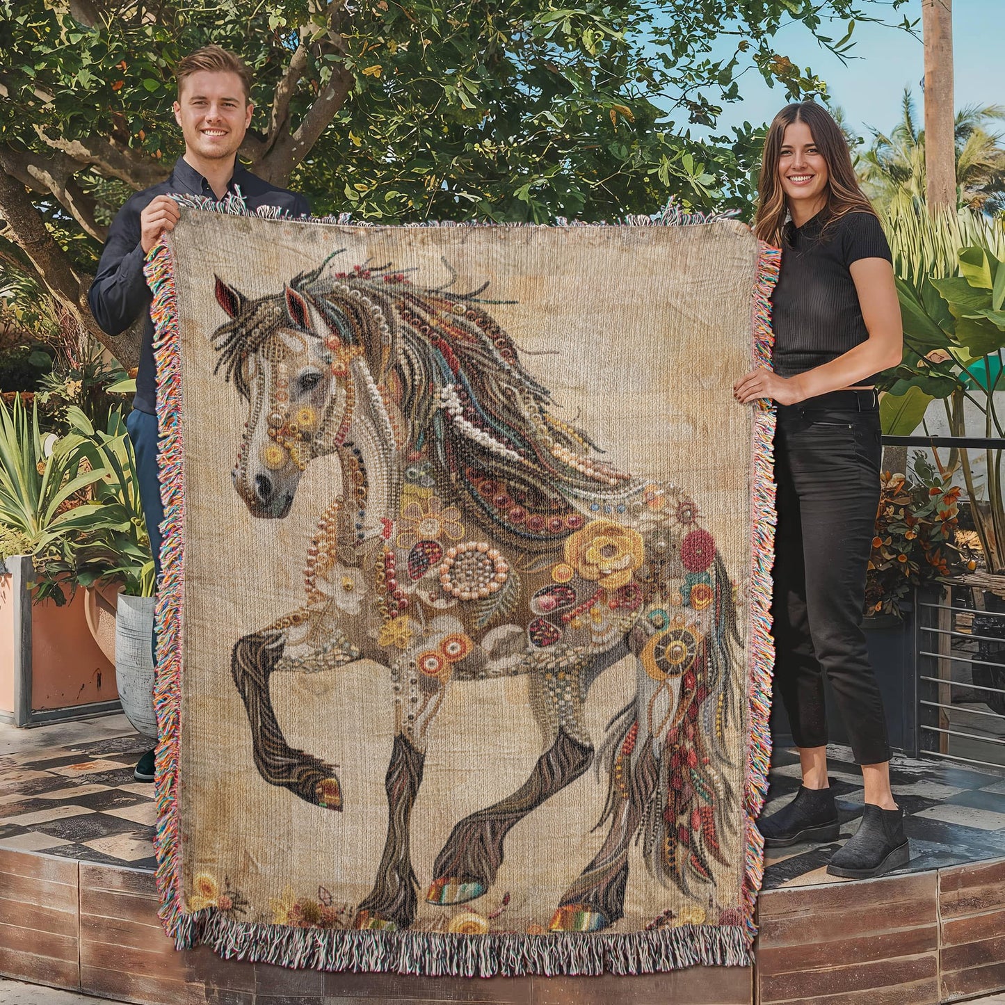 Beaded Spirit Horse Woven Blanket – Boho Western Home Decor