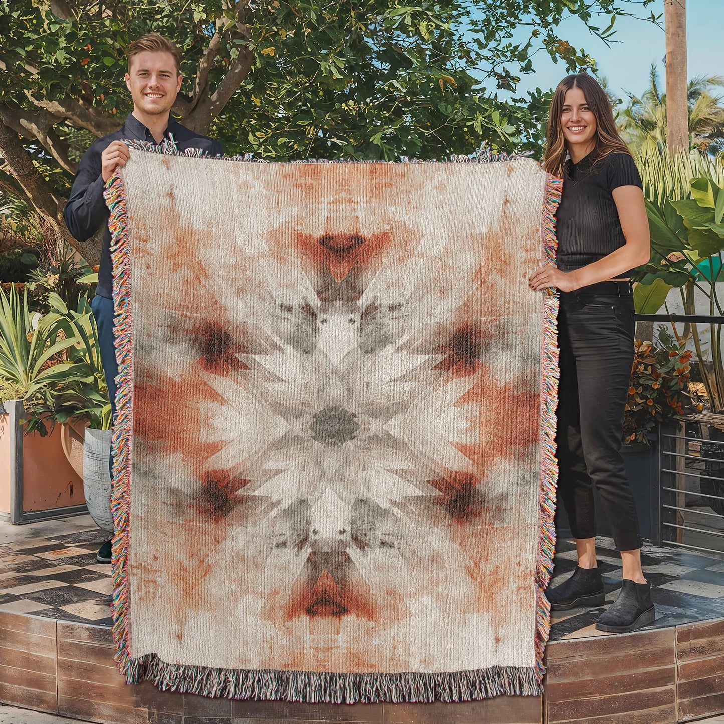 Red Earth Ritual Woven Blanket – Mystical Boho Sunburst Throw