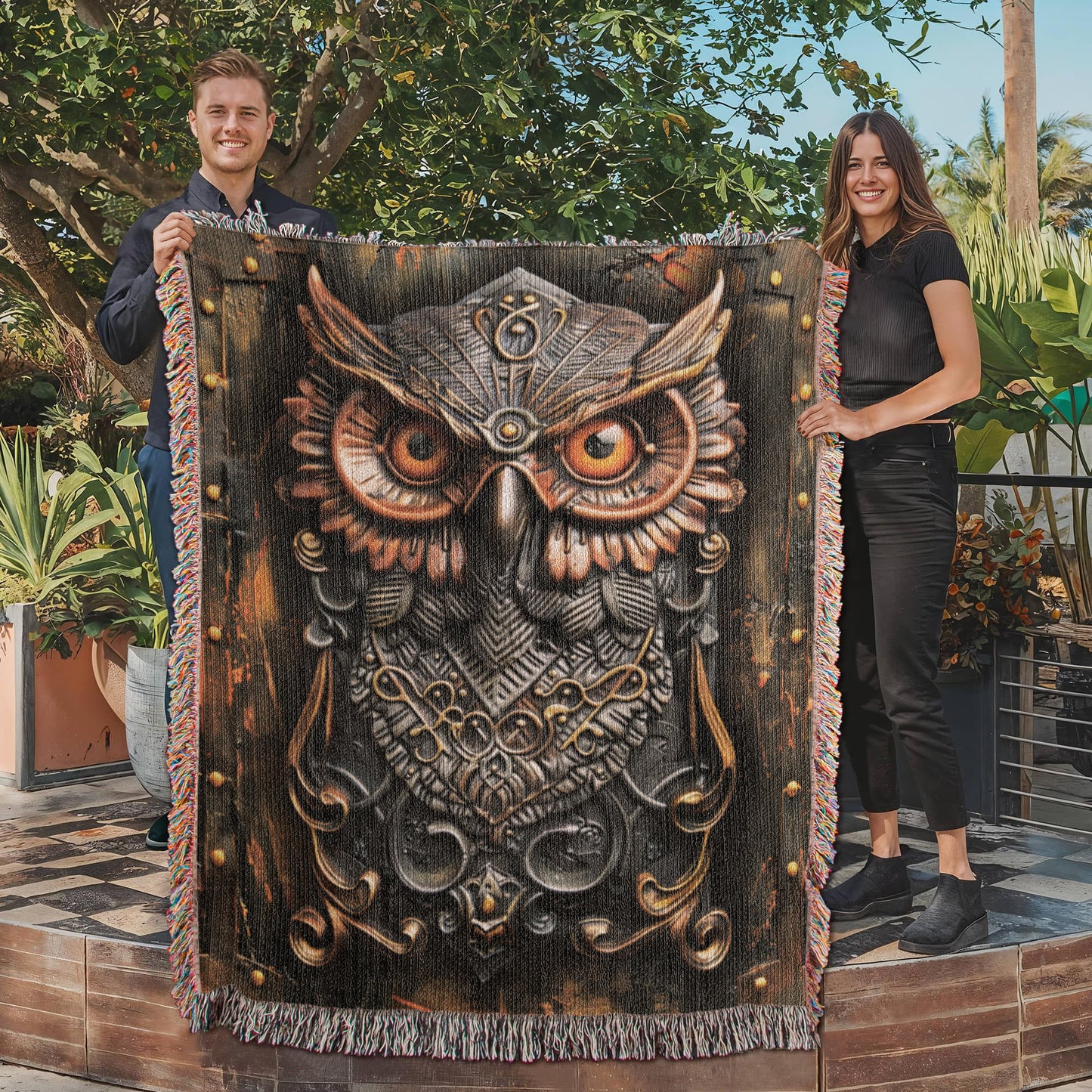 Emberwatch Owl Blanket – Woven Mystical Guardian Emblem | Fantasy Artifact Decor by Lace & Grit