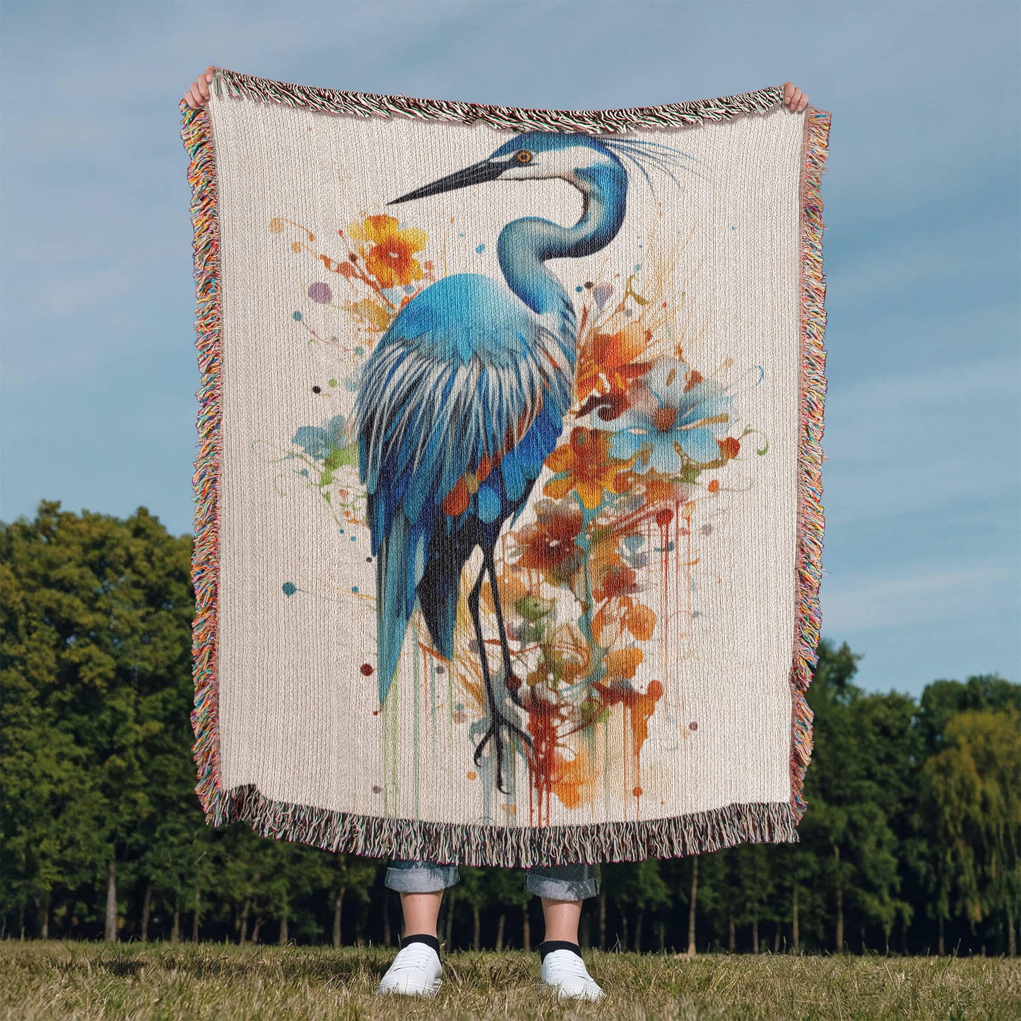 Blue Heron Woven Blanket – 100% Cotton Coastal Bird Throw | Elegant Watercolor Wildlife Tapestry | Soft & Cozy Nature-Inspired Home Décor