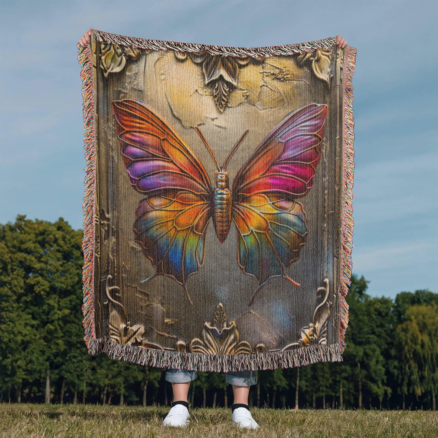 Embossed Butterfly Blanket – Iridescent Woven Throw | Symbolic Boho Decor by Lace & Grit