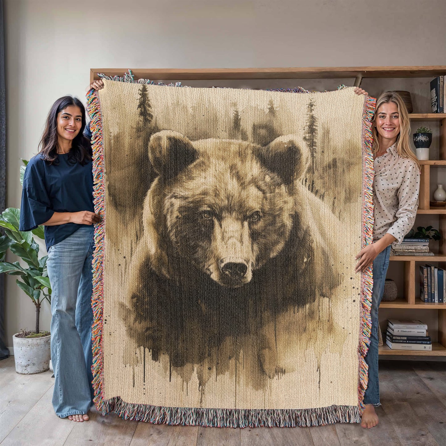 Forest Watcher Woven Blanket – Watercolor Bear in Woodland Mist