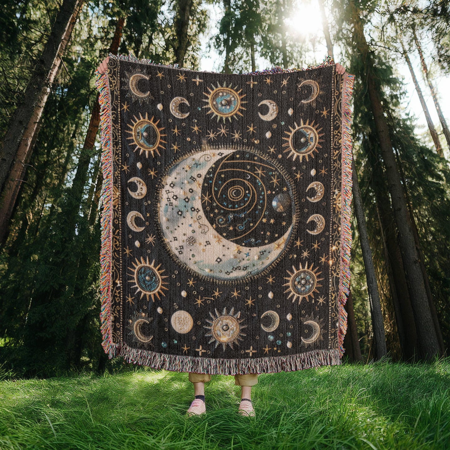 Beaded Look Moon & Stars Blanket – Celestial Woven Throw | Cosmic Boho Decor by Lace & Grit