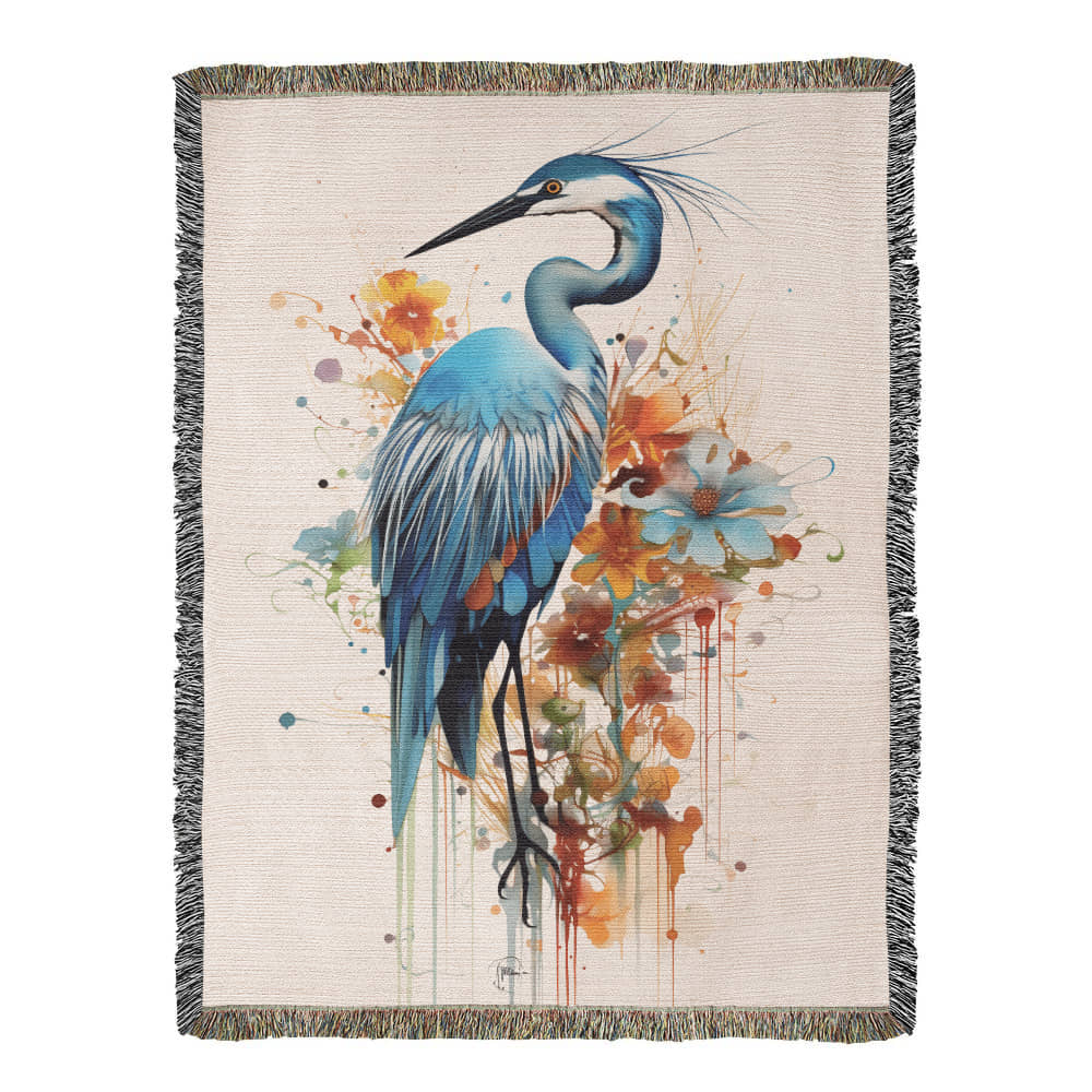 Blue Heron Woven Blanket – 100% Cotton Coastal Bird Throw | Elegant Watercolor Wildlife Tapestry | Soft & Cozy Nature-Inspired Home Décor