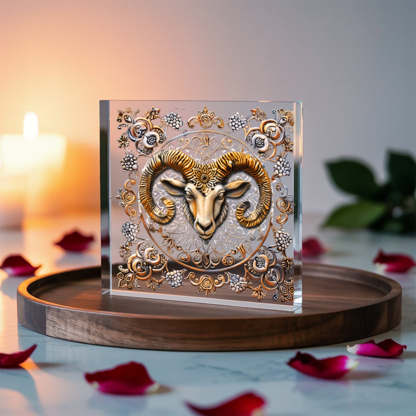 Aries Zodiac Art Block – Ram Symbol with Metallic Look | Boho Celestial Home Décor | Aries Gift for Astrology Lovers