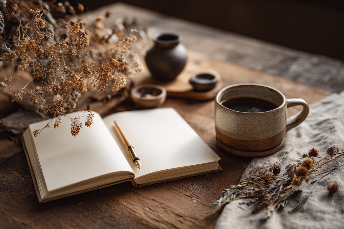 Open journal and coffee mug on a wooden table, representing a quiet ritual of reflection and soulful living