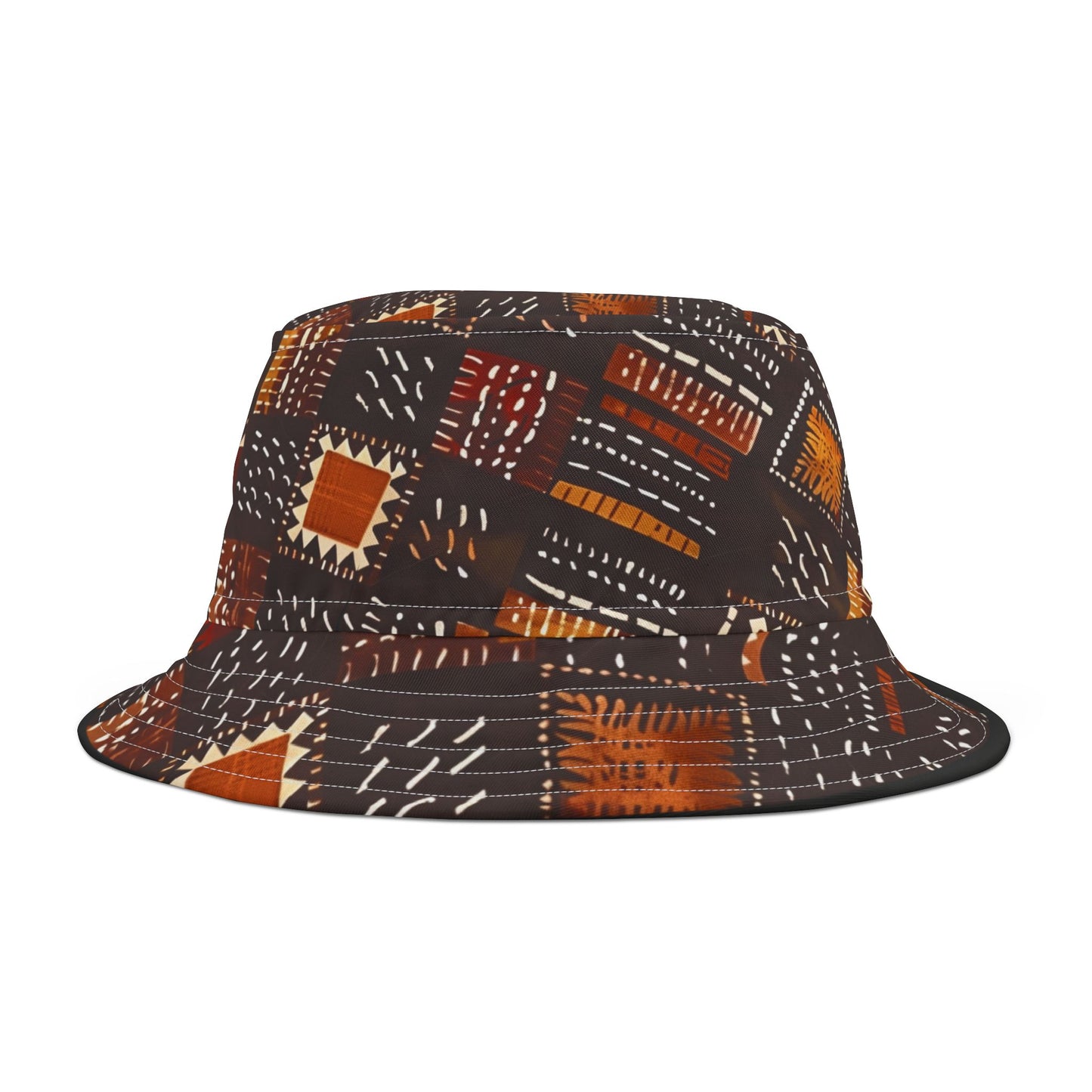 Amber Dusk Bucket Hat – Tribal Patch Pattern in Copper & Chestnut | Unisex All-Over Print Hat by Lace & Grit