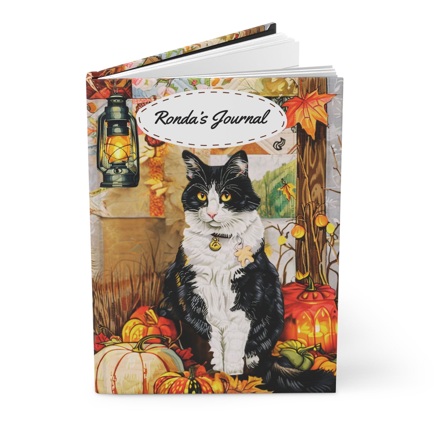Quilted-Look Tuxedo Cat Journal - Autumn Lantern Scene, Cat Lover Gift