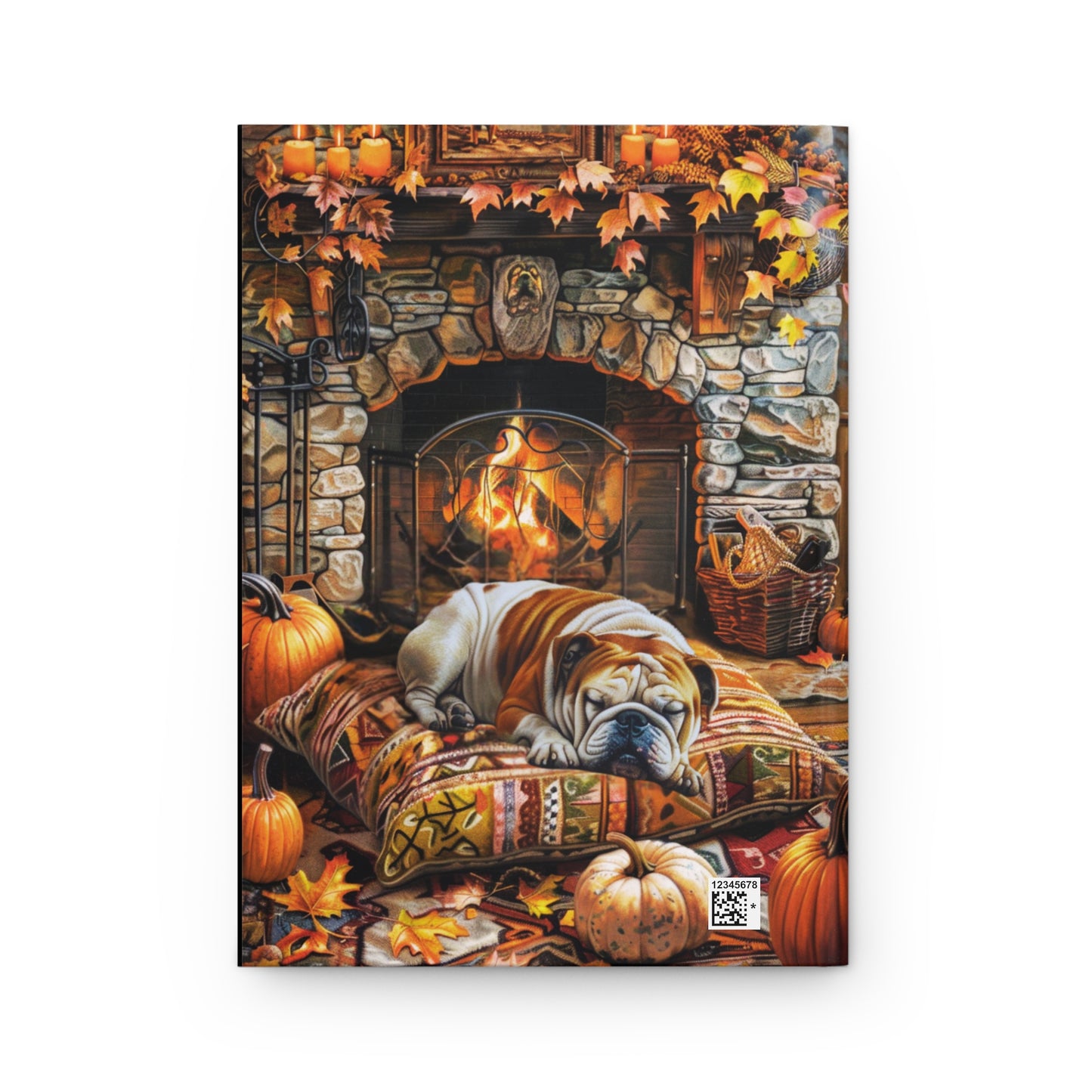 Quilted-Look Bulldog Journal - Cozy Fireplace Scene, Dog Lover Gift