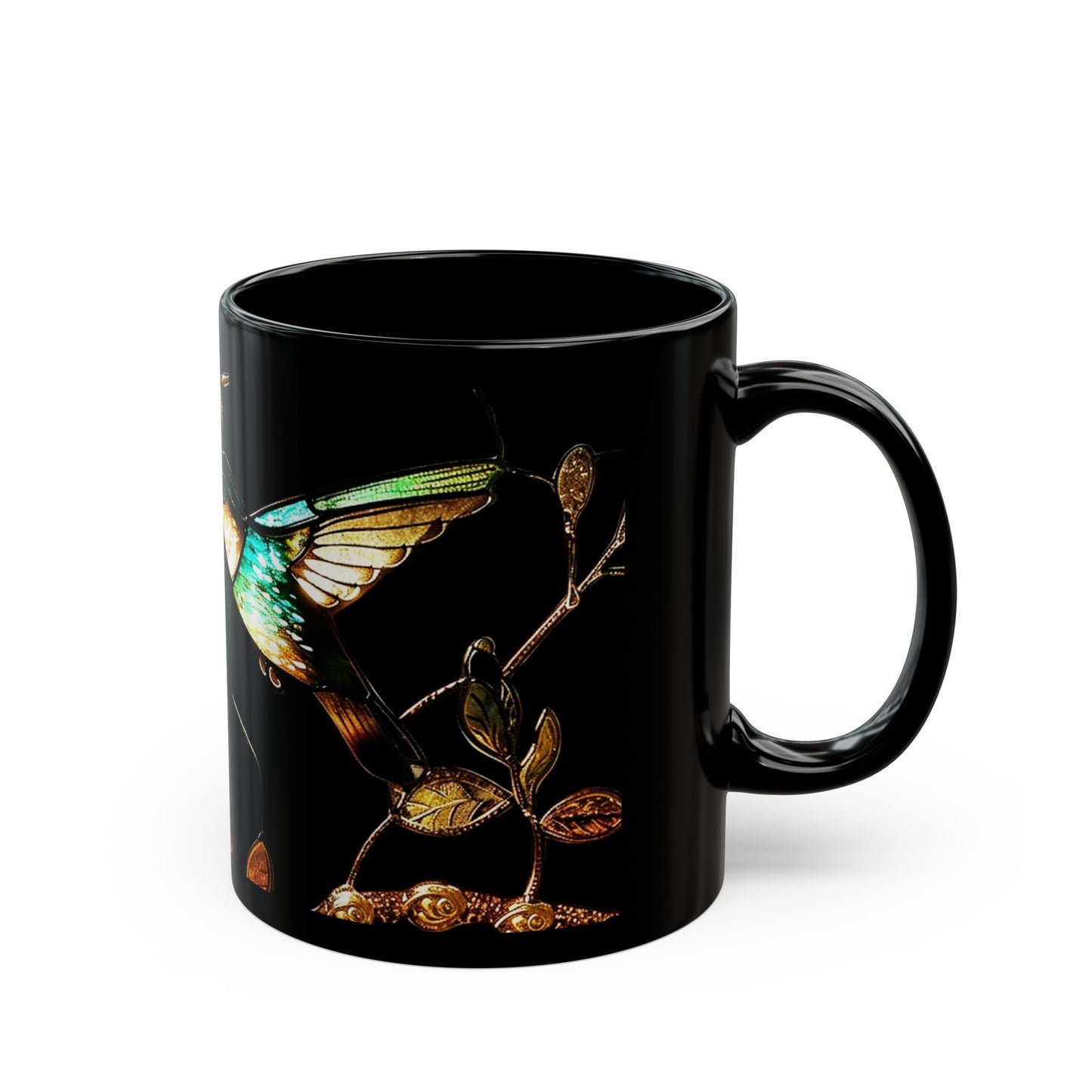 Stained Glass Look Hummingbird – Black Ceramic Mug