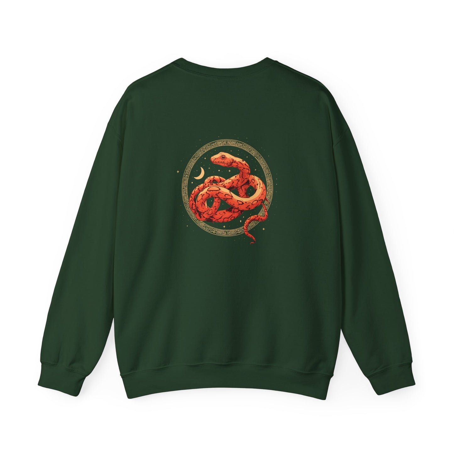 Celestial Serpent Sweatshirt – Boho Lunar Snake Design in Gold & Ember | Unisex Fleece by Lace & Grit