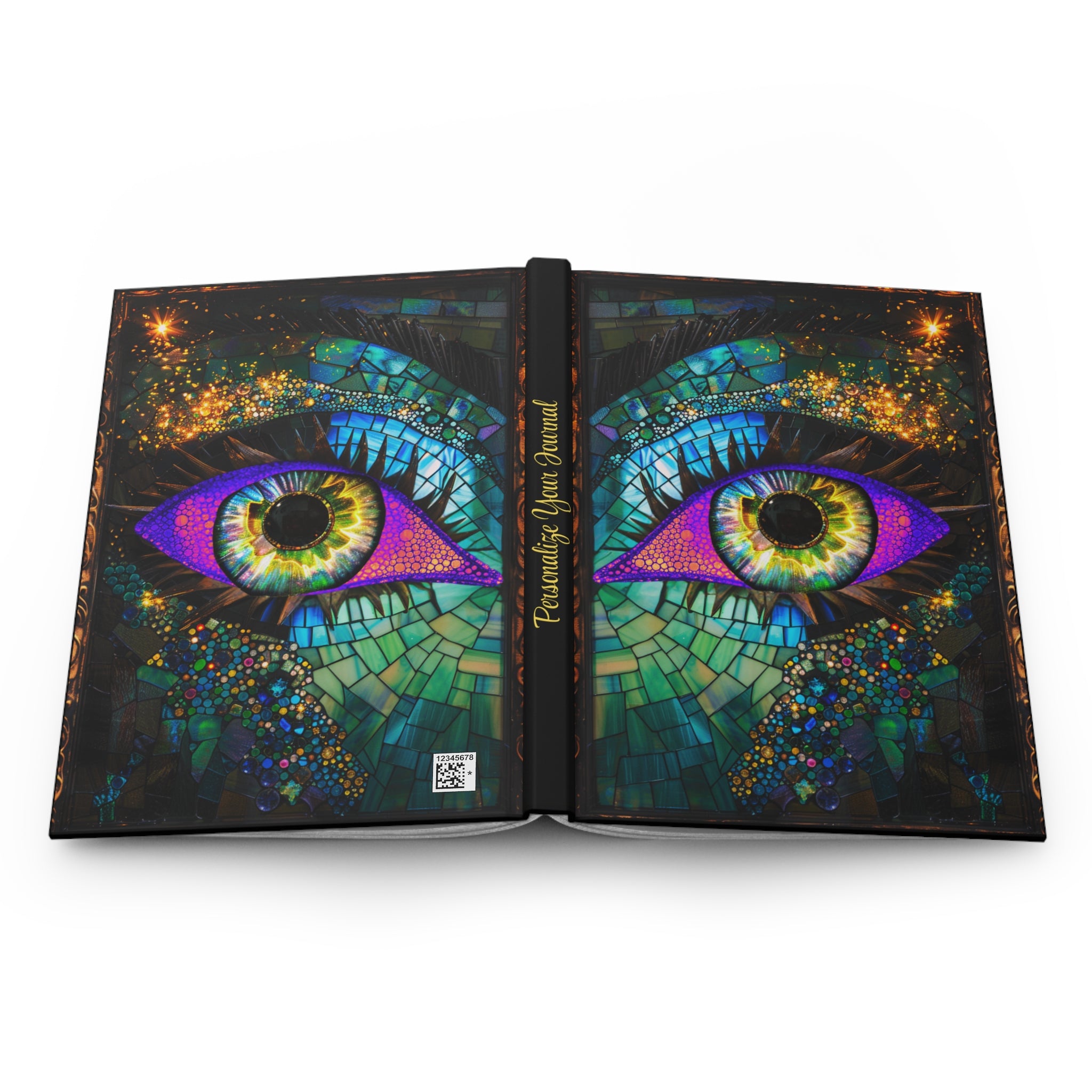 Open book with colorful eye design on a white background