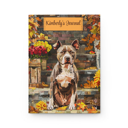 Quilted-Look Pit Bull Journal - Autumn Porch Scene, Dog Lover Gift