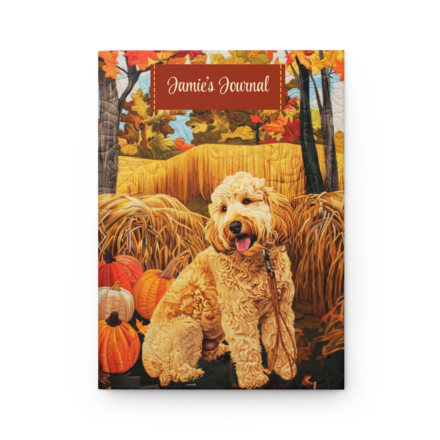 Quilted-Look Goldendoodle Journal - Cozy Autumn Reading Scene, Dog Gift
