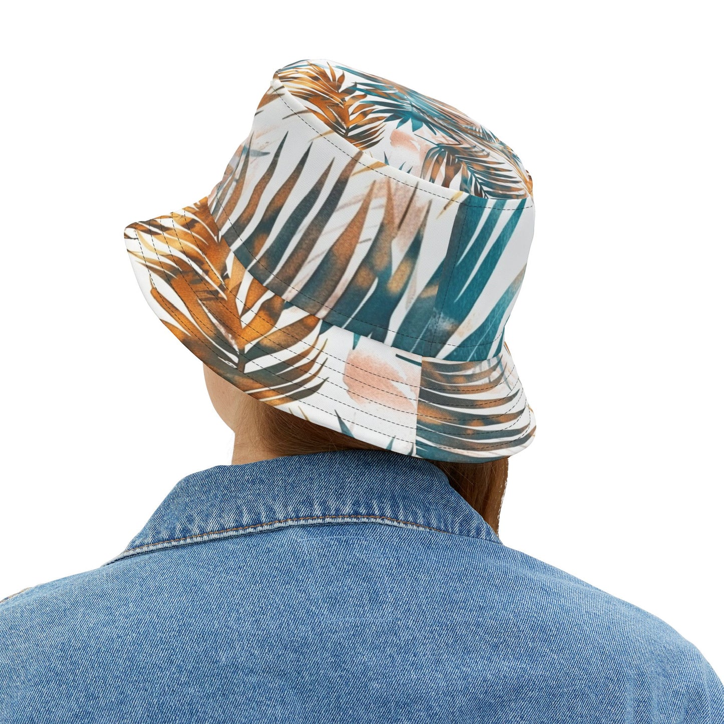 Tropical Muse Bucket Hat – Boho Palm Leaf Pattern in Teal & Copper | Unisex All-Over Print Hat by Lace & Grit