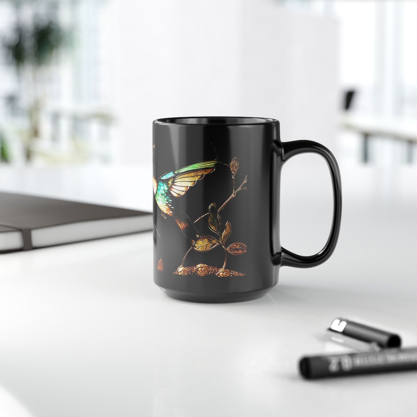 Stained Glass Look Hummingbird – Black Ceramic Mug