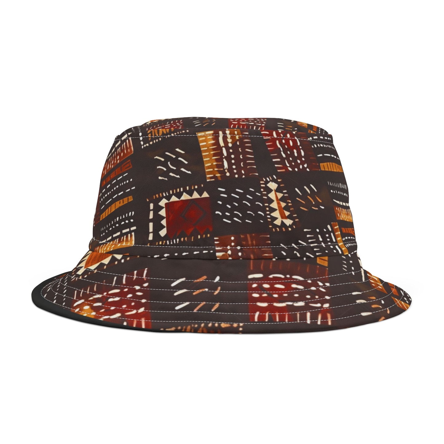 Amber Dusk Bucket Hat – Tribal Patch Pattern in Copper & Chestnut | Unisex All-Over Print Hat by Lace & Grit