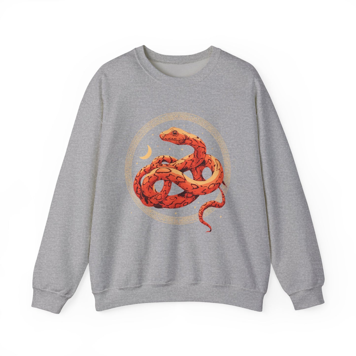 Celestial Serpent Sweatshirt – Boho Lunar Snake Design in Gold & Ember | Unisex Fleece by Lace & Grit
