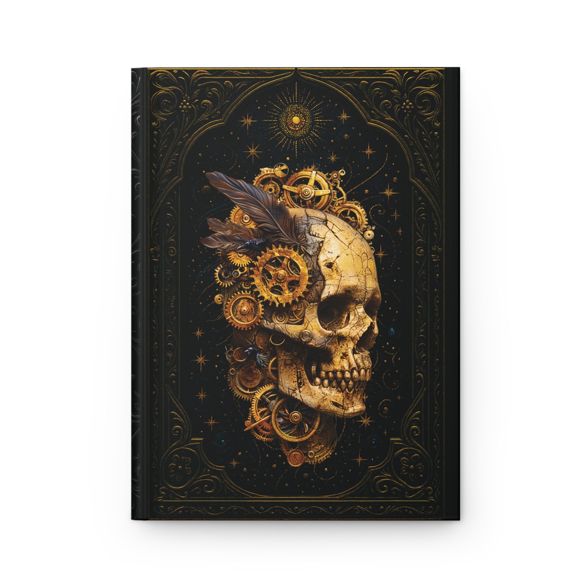 Decorative notebook cover with a skull and gears design on a black background