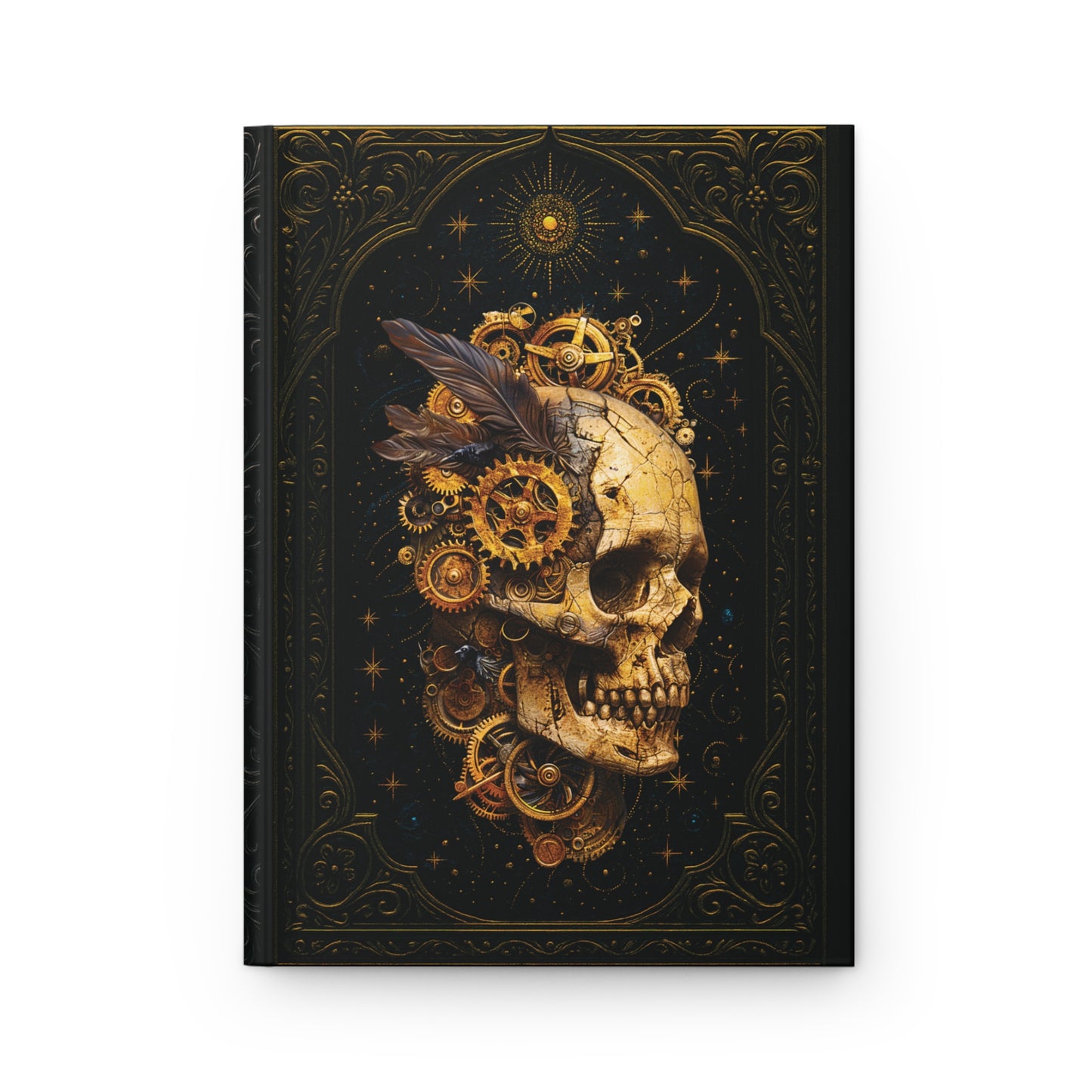 Decorative notebook cover with a skull and gears design on a black background